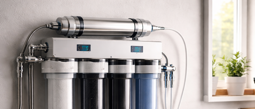 Модерна система за пречистване на вода с обратна осмоза, монтирана в домашно сервизно помещение, с прозрачни филтърни корпуси и резервоар